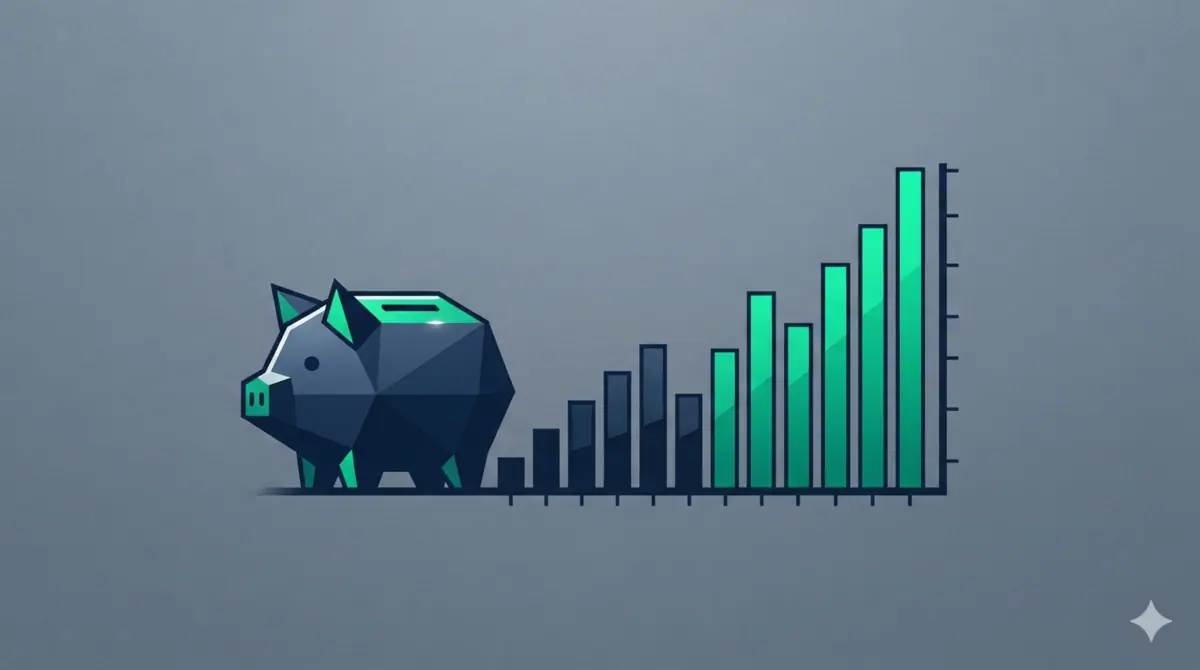 Gráfico de acumulación de capital compuesto que muestra el crecimiento exponencial del patrimonio frente al esfuerzo de ahorro anual continuo.